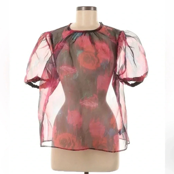 Torrid | Black Red Roses Floral Sheer Organza Puff Sleeve Top Size Medium M 00 - Picture 2 of 6